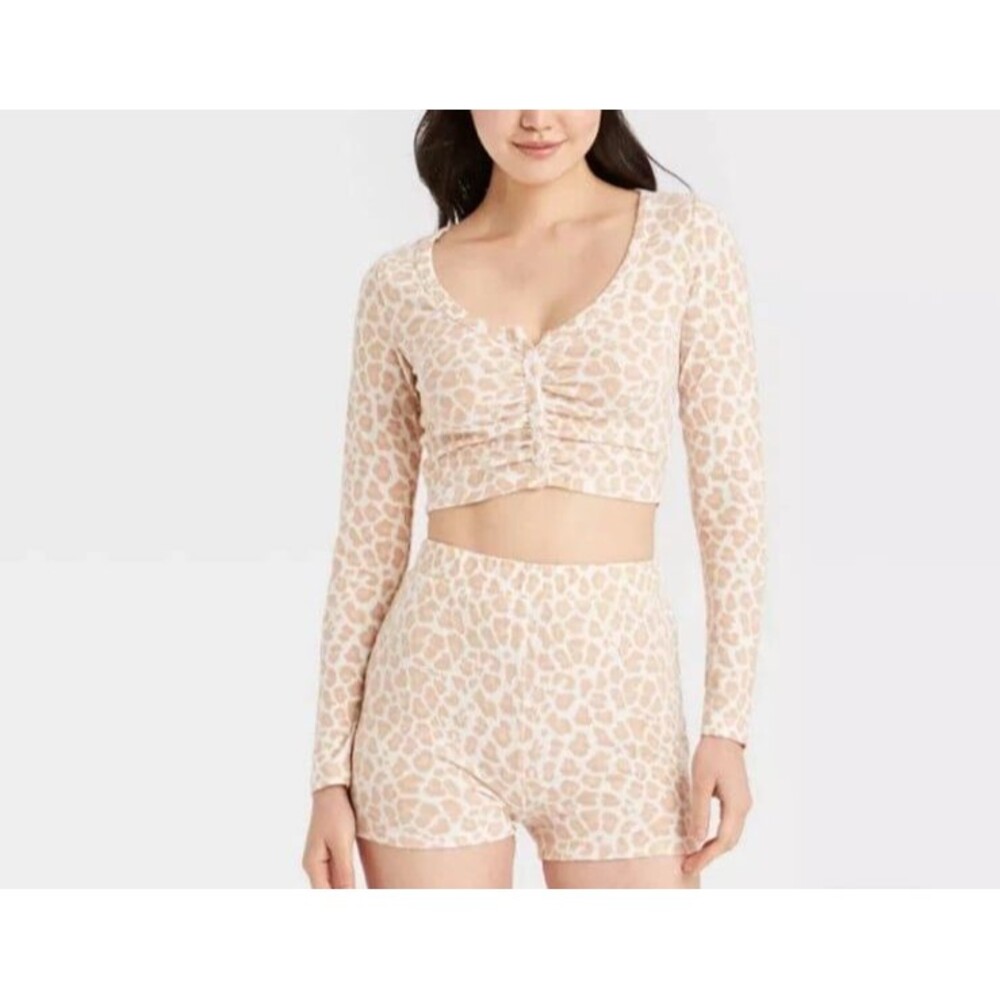 Colsie Tan and Pinkish Animal Print Ruched button up Top & shorts PJ Set